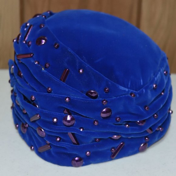 Vintage Blue Claude Saint-Cyr Reproduction Pillbox Hat Purple Accents Turban - Picture 4 of 13